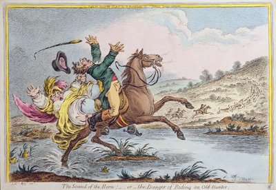 Le son du cor, ou Le danger de monter un vieux chasseur, publié par Hannah Humphrey en 1807 (eau-forte coloriée à la main) - James Gillray