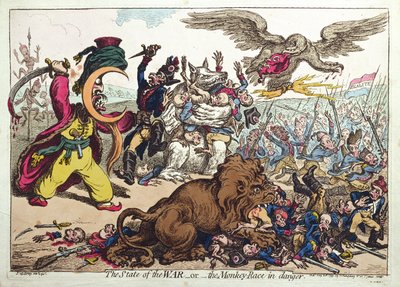 The State of War, or The Monkey Race in Danger, publié par Hannah Humphrey en 1799 (gravure coloriée à la main) - James Gillray
