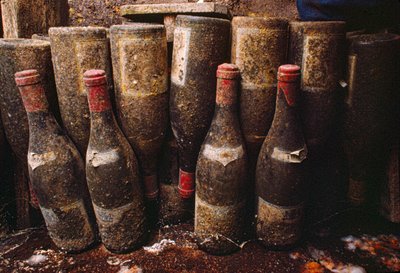 Bouteilles de vin rouge, couvertes de moisissure, vieillissant dans une cave à vin. Tain-L