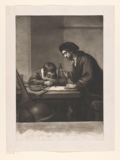 Homme debout avec un compas et garçon assis à une table - James McArdell