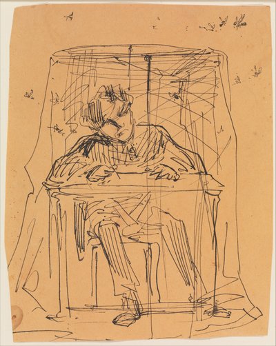 Homme à table sous une moustiquaire (d