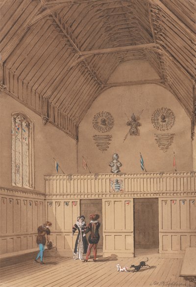 Salle à poutres avec des personnages en costume du XVIe siècle - James Pattison Cockburn