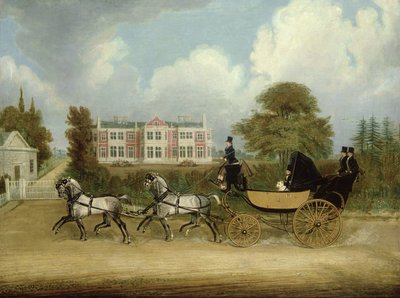 Une barouche tirée par quatre gris passant devant un manoir jacobéen - James Pollard