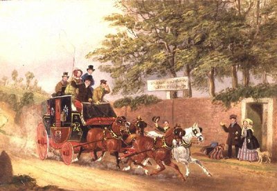 Un coche de poste dépassant des voyageurs sur une route - James Pollard