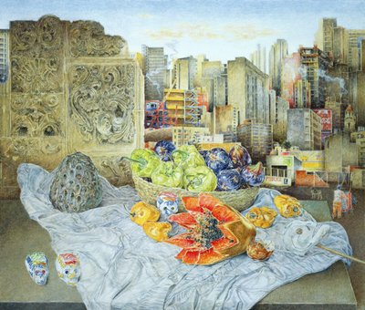 Nature morte avec papaye et paysage urbain, 2000 - James Reeve