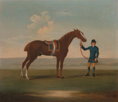 Un des quatre portraits de chevaux - un cheval alezan (? Vieux Partenaire) tenu par un palefrenier : debout face à droite, portant une couverture de selle bleue bordée d