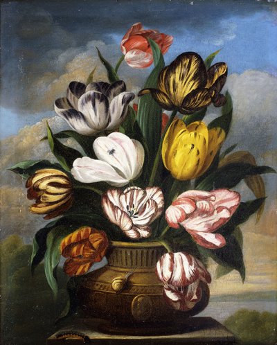 Tulipes dans un vase, avec une chenille, un escargot et une mouche, sur un socle dans un paysage, 1826 - James Sillett