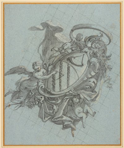Un blason avec une corne et trois chaînes soutenu par un ange et deux putti - James Thornhill