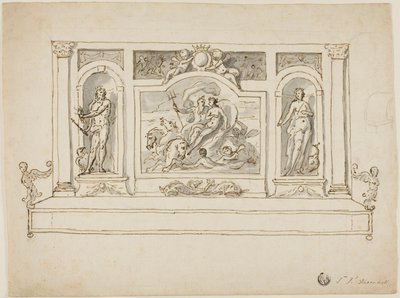 Neptune et Amphitrite flanqués de Jupiter et Junon : Design for Painted Hall or Garden Bench - James Thornhill