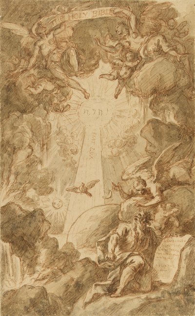 Dessin préparatoire pour la gravure de C. du Bosc, pour la Bible de la chapelle du Royal Marine College. Œuvre (43x26,6 cm) de James Thornhill (1675-1734), début du 18ème siècle. - James Thornhill