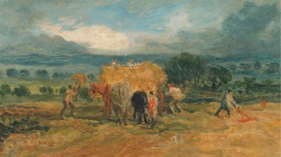 Scène de moisson avec des travailleurs chargeant du foin sur un chariot de ferme - James Ward