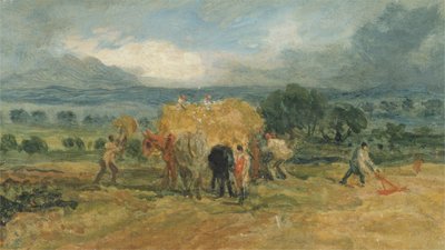 Scène de récolte avec des travailleurs chargeant du foin sur un chariot de ferme - James Ward