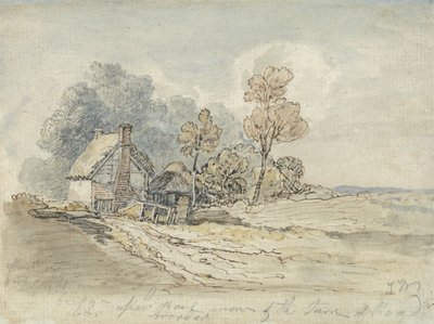 Chaumière et arbres au tournant d