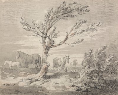 Paysage avec trois chevaux et un arbre au premier plan - James Ward