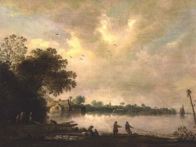 Un paysage fluvial avec pêcheurs tirant un filet - Jan (attr. to) Coelenbier
