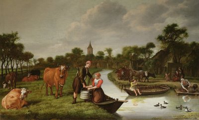 Paysage fluvial avec un couple portant une baratte à lait - Jan 1620 76 Victors