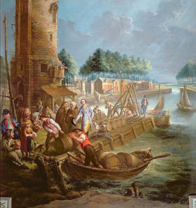 Scène de canal avec marchand de vin déchargeant des barils - Jan Anton Garemyn