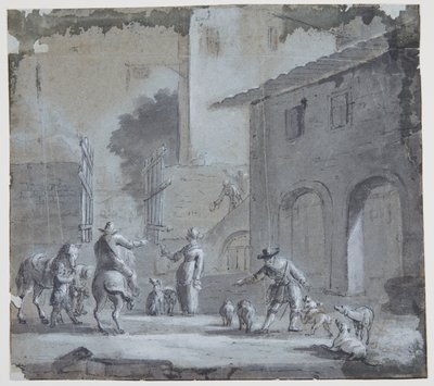 Scène de rue avec une porte ouverte, des figures et des animaux - Jan Asselijn