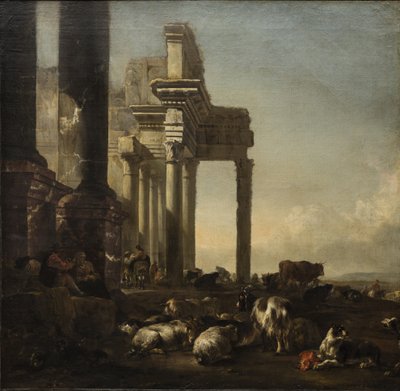 Paysage italien avec paysans, bétail et moutons près de ruines classiques, vers 1650 - Jan Baptist Weenix