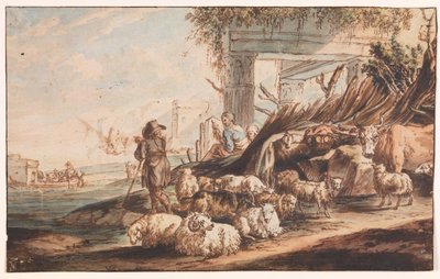 Berger avec un troupeau de moutons et une vache parmi les ruines - Jan Baptist Weenix