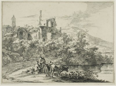 Paysage avec ruines et deux vaches au bord de l