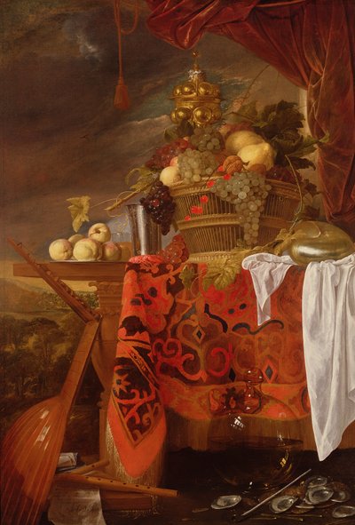 Un panier de fruits mélangés avec coupe dorée, calice en argent, nautile, verre et pêches sur une assiette - Jan Davidsz de Heem