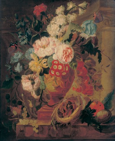 Fleurs dans un vase en terre cuite décoré de putti, avec des fruits, des papillons, une mouche bleue, un escargot, une araignée et quatre poussins dans un nid sur un rebord - Jan Frans Eliaerts