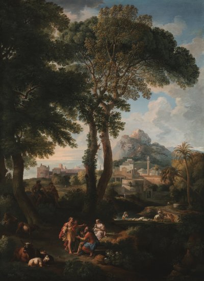 Paysage fluvial classique avec des figures se saluant sur une route au premier plan, vue d