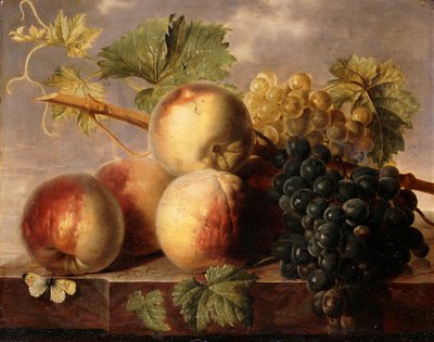 Pêches et raisins avec un papillon blanc sur un rebord en marbre - Jan Frans van Dael
