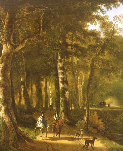 Voyageurs sur un chemin dans un paysage boisé - Jan Hackaert