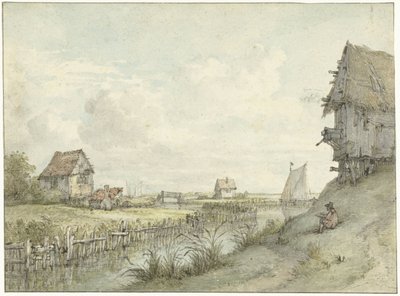 Paysage fluvial avec dessinateur esquissant entre des cabanes - Jan Hulswit