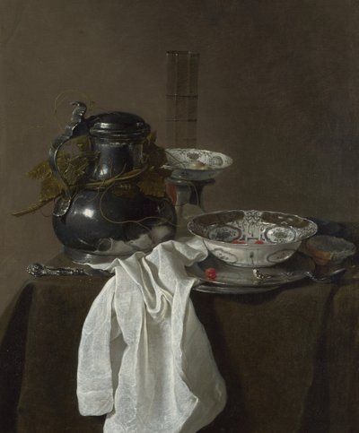 Nature morte avec un flacon en étain et deux bols Ming - Jan Jansz. Treck