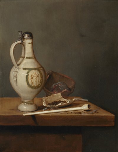 Nature morte avec cruche en grès et pipe, milieu des années 1650 (huile sur panneau) - Jan Jansz. van de Velde