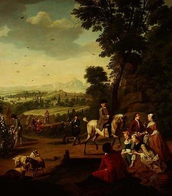 Une élégante partie de chasse au faucon se reposant dans un parc - Jan Josef the Younger Horemans