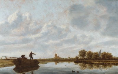 Hommes sur une péniche dans un paysage fluvial avec une église lointaine (huile sur panneau) - Jan Josefsz. van (circle of) Goyen