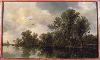 Paysage fluvial boisé, avec des paysans dans une barque à rames près d