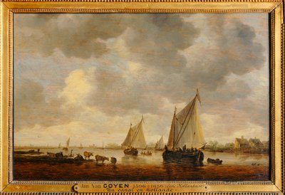Deux grandes barques à voiles sur un fleuve et bestiaux près de la rive - Two large sailboats on a river and animals on the banks … - Jan Josephsz van Goyen