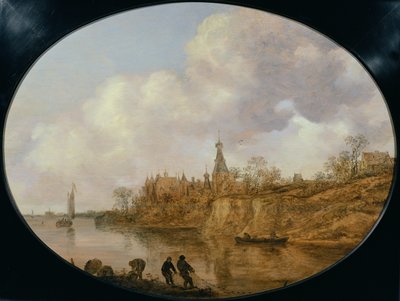Trois pêcheurs tirant un filet et des paniers sur la rive d