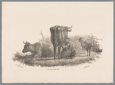 Fermière trayant une vache, deux vaches et un bélier (Beesten Studien door J. Kobell naar Paul Potter Nr. 1) - Jan Kobell (III)