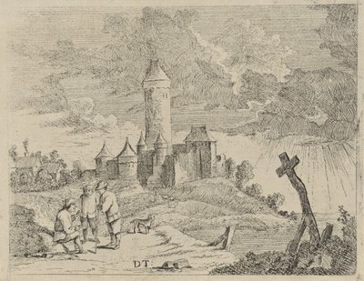 Paysage avec château et trois hommes - Jan Lauwryn Krafft (I) (possibly)