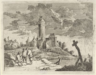 Paysage avec château et trois hommes - Jan Lauwryn Krafft (I) (possibly)