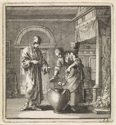 Femme mettant un charbon ardent dans le pot à feu - Jan Luyken