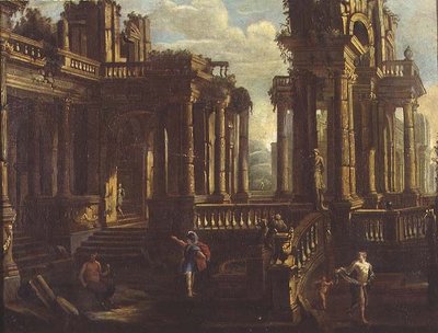 Un capriccio de ruines classiques avec un guerrier, un satyre et Cupidon poursuivant une nymphe - Jan Peeters