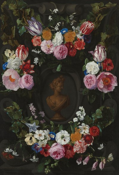 Cartouche décoré de guirlandes et de bouquets de fleurs - Jan Philip van Thielen