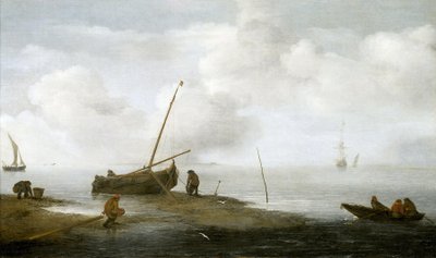 Pêche aux moules, un bateau de pêche sur le rivage, et trois hommes occupés à ramasser des moules dans leurs paniers. Huile sur toile 1622, par Jan Porcellis (1580-1632). - Jan Porcellis