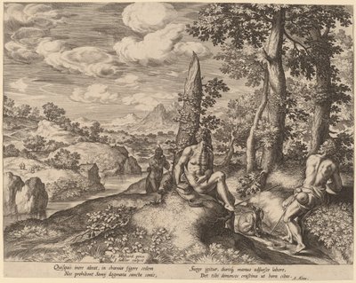 Paysage avec trois hommes nus et un chien - Jan Sadeler I after Gillis Mostaert
