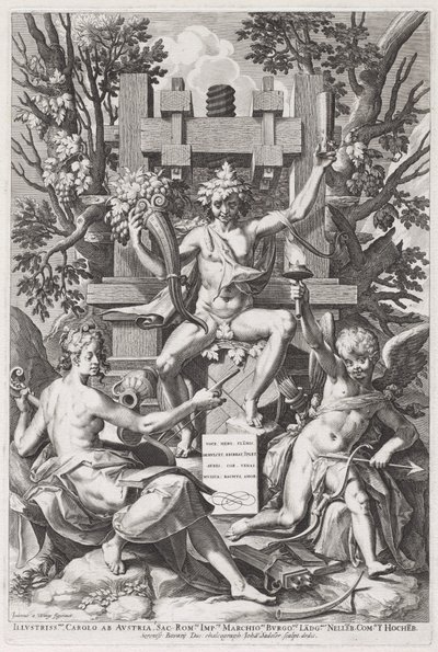 Bacchus assis sur un tonneau entre l
