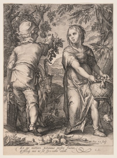 Automne (garçon et fille récoltant des fruits), extrait des Quatre Saisons - Jan Saenredam