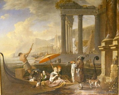 Port classique avec un temple en ruine - Jan Baptist Weenix