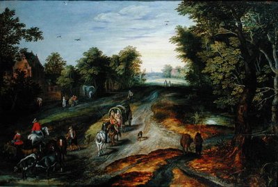 Paysage avec une route de village - Jan studio of Brueghel
